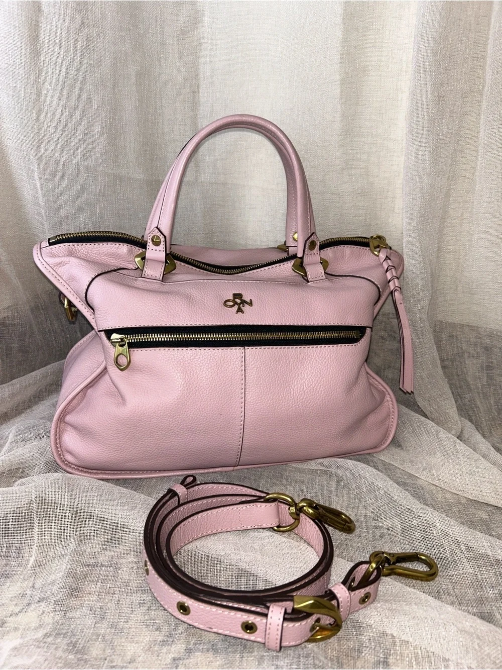 Peony Pink Pebbled Leather Shoulder Bag with Gold Accents